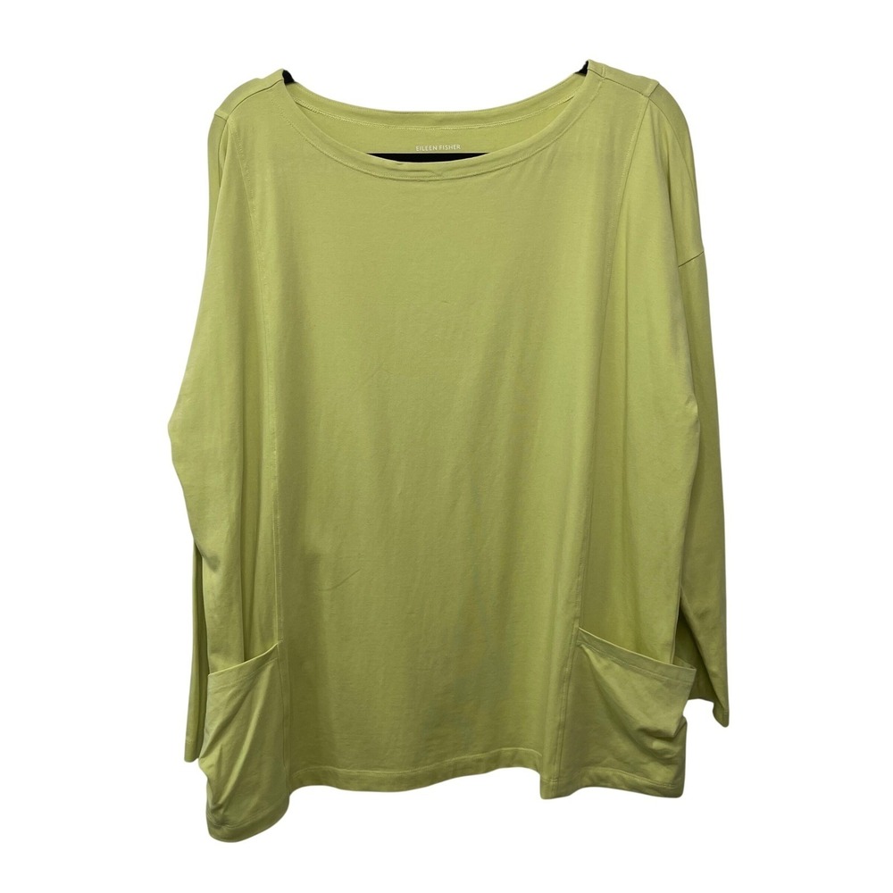 Eileen Fisher Yellow Green Long Sleeve Pocket Tunic Top Basic Quiet Luxury Caual